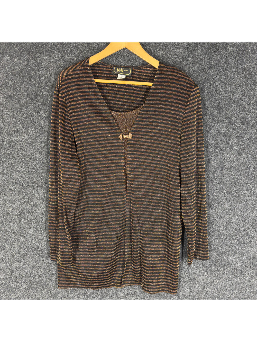 R&K Evenings Sweater Pullover Women XL Brown Striped Long Sleeve V-Neck Metallic